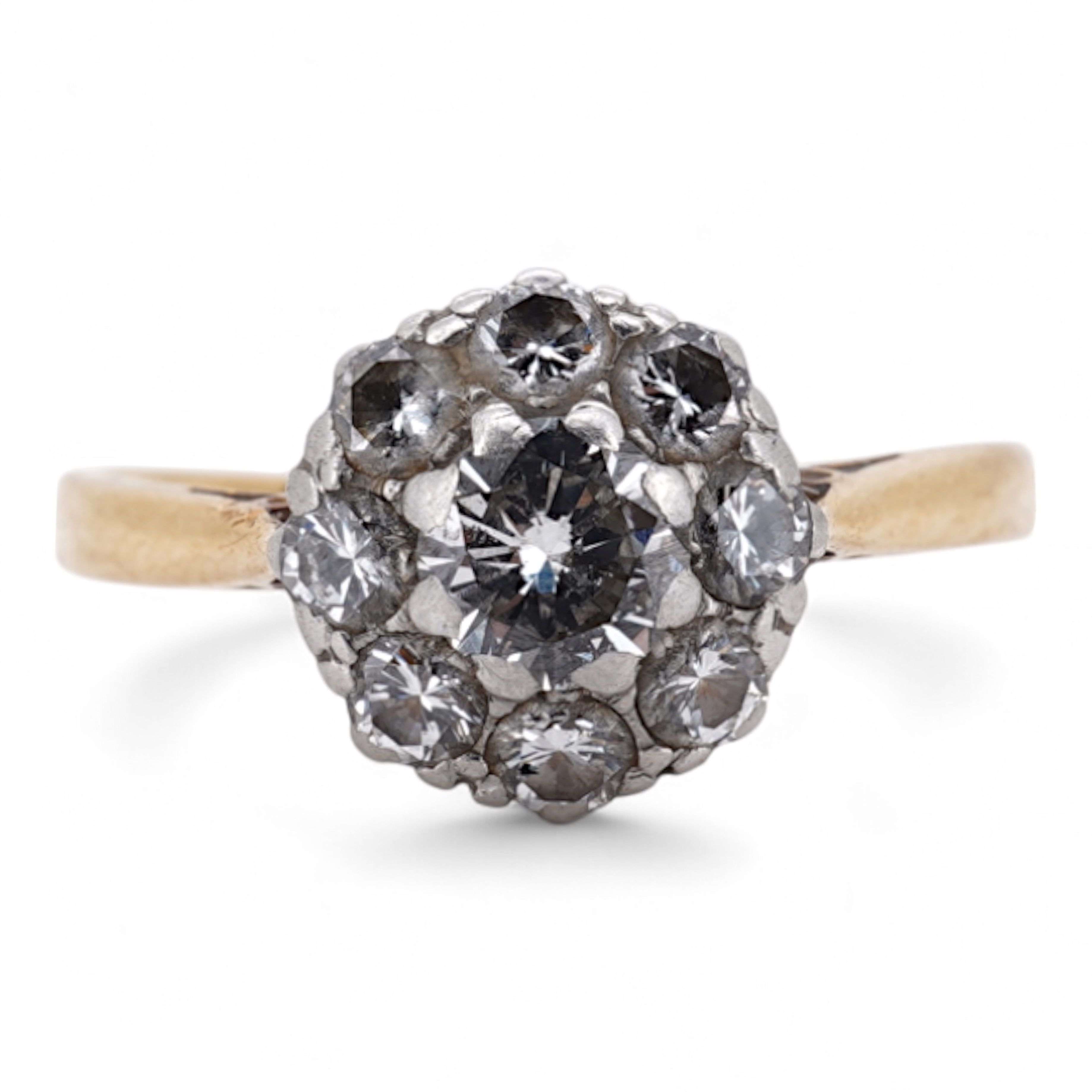 An early 20th century 18ct, plat. and nine stone diamond cluster ring, the central diamond weighing approximately 0.30ct, size Q, gross weight 3.1 grams.